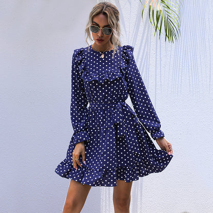 Autumn And Winter Dress Long-sleeved Polka Dot Ruffled Lace-up Skirt