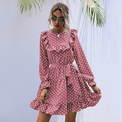 Autumn And Winter Dress Long-sleeved Polka Dot Ruffled Lace-up Skirt