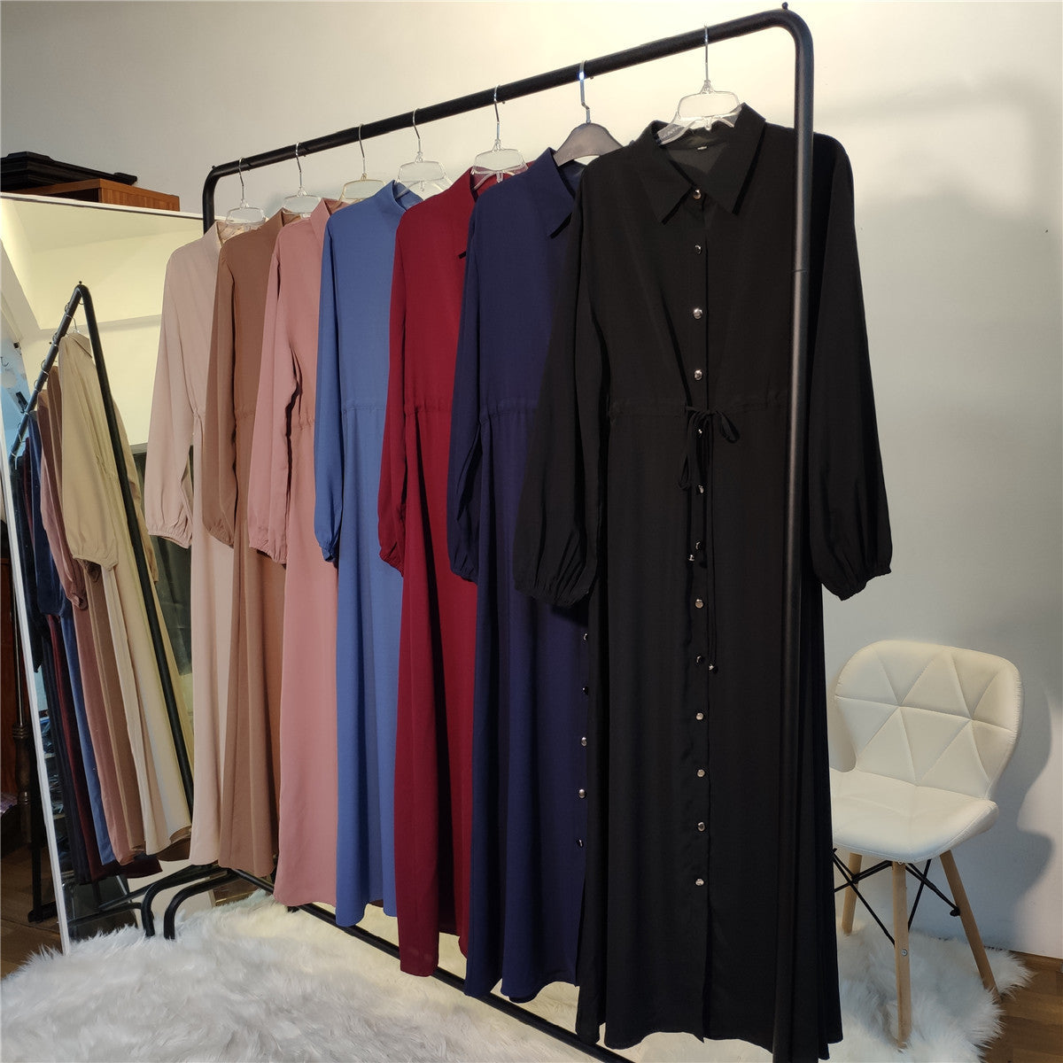 Lapel Solid Color Full Button Slim Dress Llong Skirt