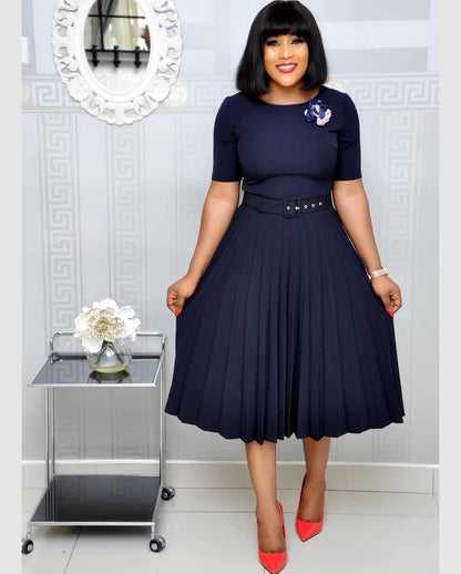 Round Neck Plus Size Mother's Dress Female Pleated Dress