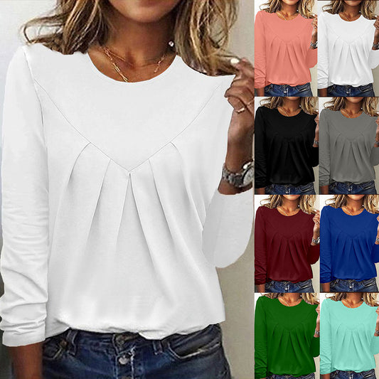 Daily Home Simple Elegant Elegant Style Commuter Crumpled Bottoming Shirt Long Sleeve T-shirt