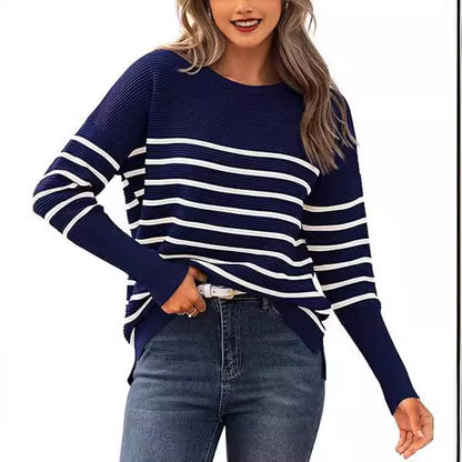 Autumn Winter Sweater Casual Striped Round Neck Sweater