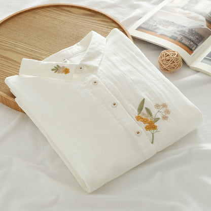 Artistic Flower Embroidery Double-layer Cotton Yarn Half Sleeve Shirt New Loose-fitting Short Sleeves Top