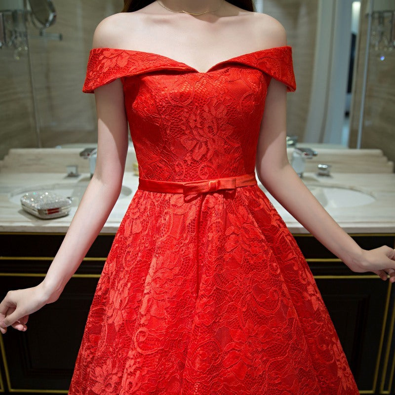 Short shoulder red evening dress