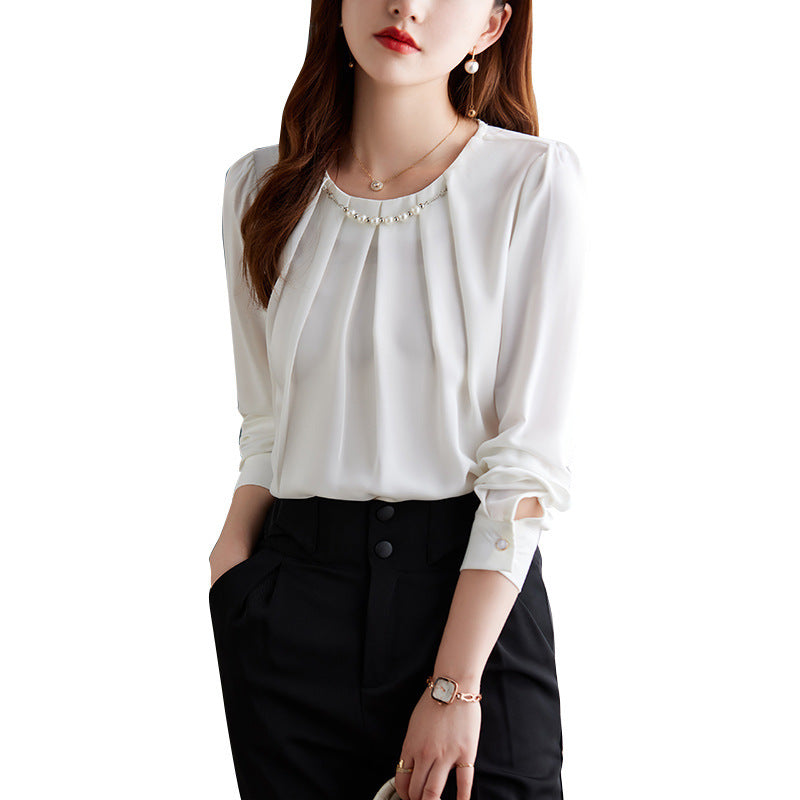 Acetate Satin Shirt Women's Long-sleeved Round Neck Pullover Professional Top Shirt