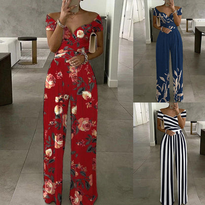 European And American Fashion Off-shoulder Printed Temperament Commute Casual High Waist Jumpsuit Women