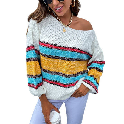 Amazon Sweater Rainbow Striped Off-shoulder Sweater For Women