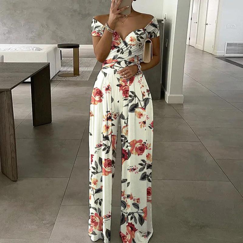 European And American Fashion Off-shoulder Printed Temperament Commute Casual High Waist Jumpsuit Women