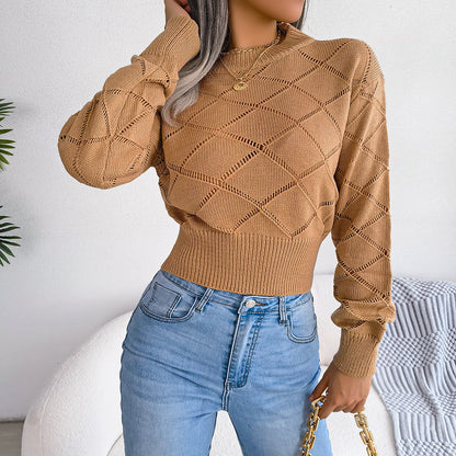 Hollow Plaid Long Sleeves Cropped Knitted Sweater