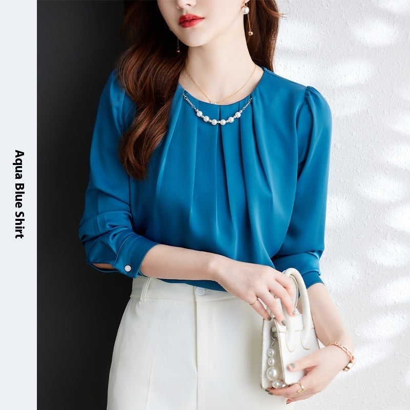 Acetate Satin Shirt Women's Long-sleeved Round Neck Pullover Professional Top Shirt