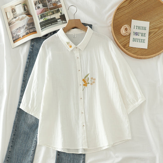 Artistic Flower Embroidery Double-layer Cotton Yarn Half Sleeve Shirt New Loose-fitting Short Sleeves Top