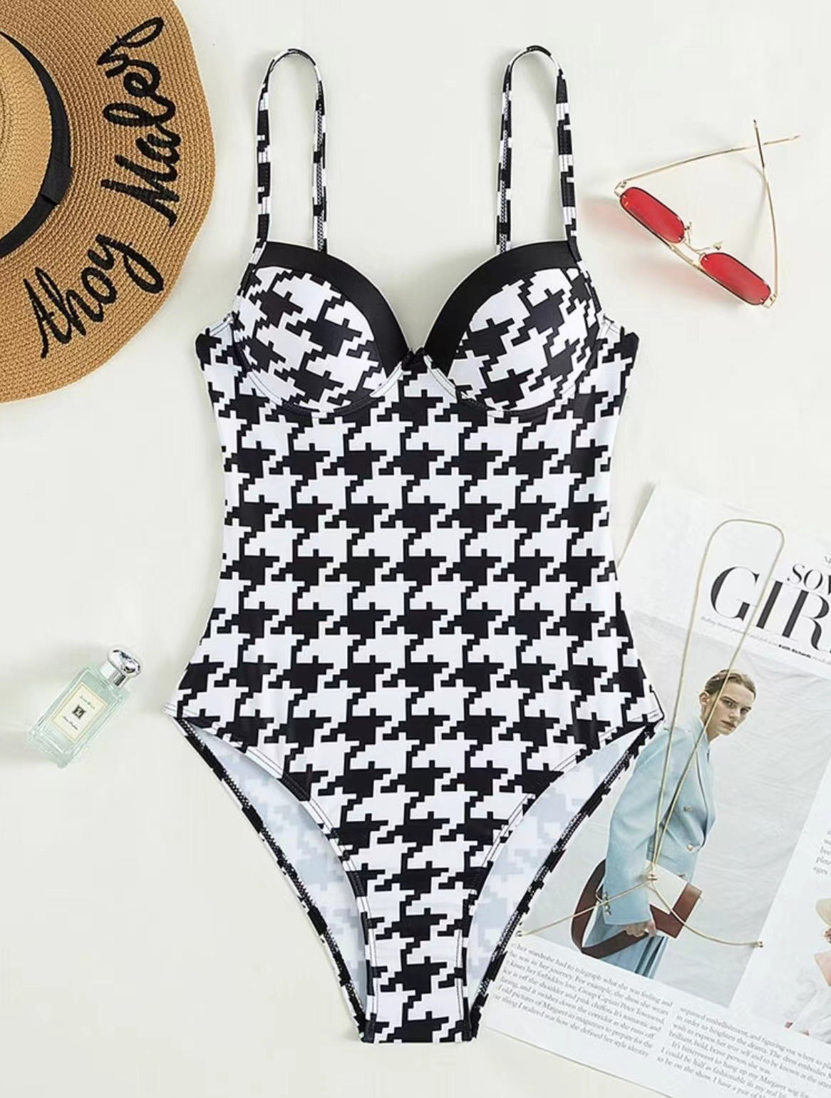 Retro Houndstooth Hard Bag One-piece Women's Beach Swimwear