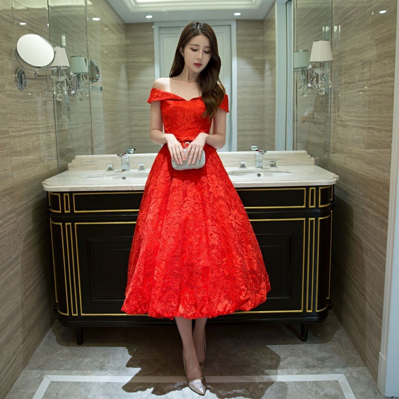 Short shoulder red evening dress