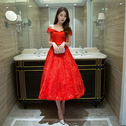 Short shoulder red evening dress