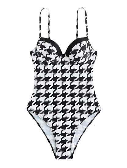 Retro Houndstooth Hard Bag One-piece Women's Beach Swimwear