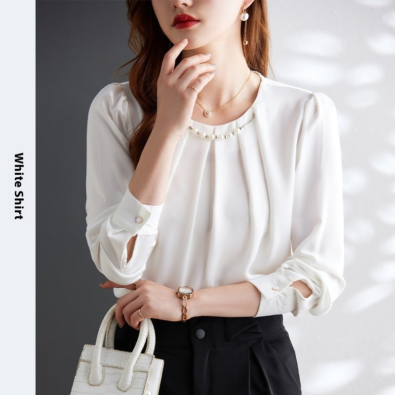 Acetate Satin Shirt Women's Long-sleeved Round Neck Pullover Professional Top Shirt