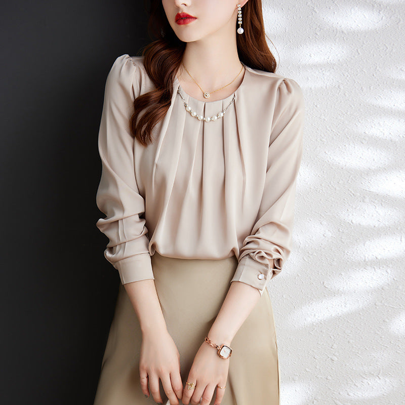 Acetate Satin Shirt Women's Long-sleeved Round Neck Pullover Professional Top Shirt