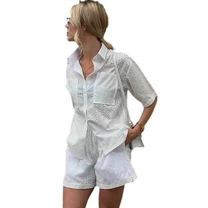 Hollow Short Sleeve Lapel Shirt Women's Shorts