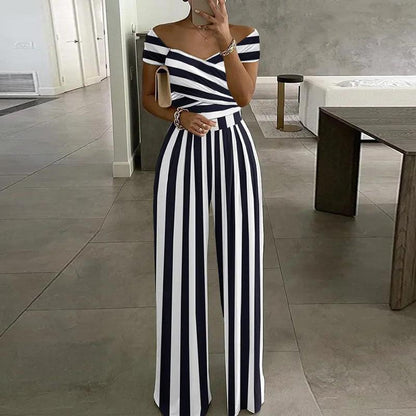 European And American Fashion Off-shoulder Printed Temperament Commute Casual High Waist Jumpsuit Women