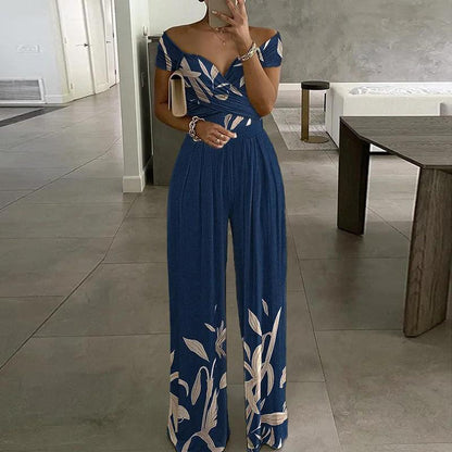 European And American Fashion Off-shoulder Printed Temperament Commute Casual High Waist Jumpsuit Women