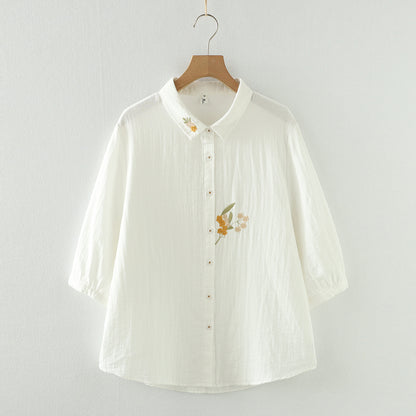 Artistic Flower Embroidery Double-layer Cotton Yarn Half Sleeve Shirt New Loose-fitting Short Sleeves Top