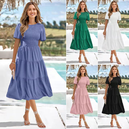 Women's Round Neck Smocked Short Sleeve Casual Dress Swing Flowy Ruffle Hem Mini Beach Summer Dresses