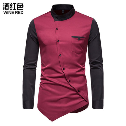 Oblique Button Irregular Contrast Color Henry Collar Long Sleeve Shirt