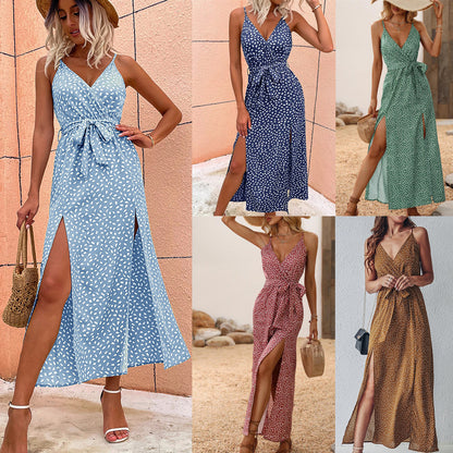 V-neck Suspender Floral Lace-up Dress Women's Long Skirt Beach Dress