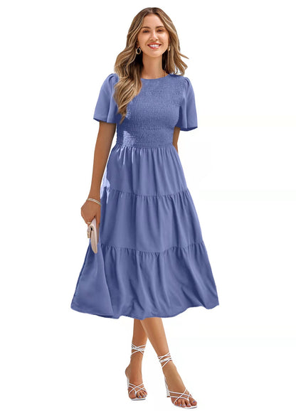 Women's Round Neck Smocked Short Sleeve Casual Dress Swing Flowy Ruffle Hem Mini Beach Summer Dresses