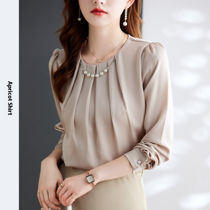 Acetate Satin Shirt Women's Long-sleeved Round Neck Pullover Professional Top Shirt